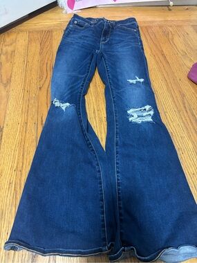 American Eagle Outfitters Dark Blue Distressed Flare Jeans